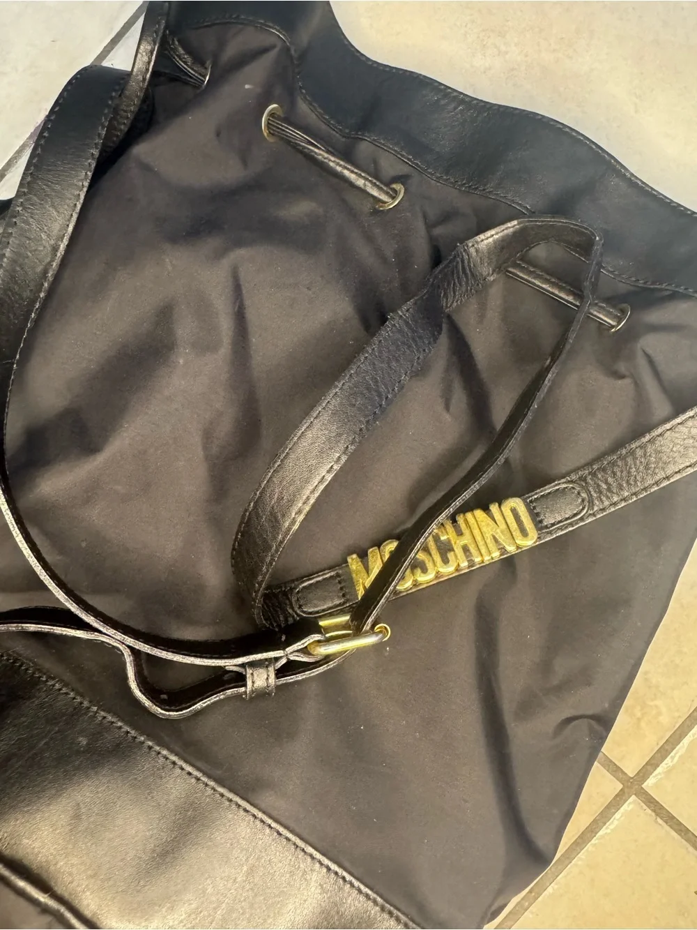Moschino Black Drawstring Backpack with Gold Logo Patch 14x13x6